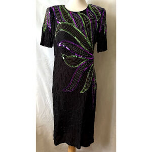 JMC Vintage Women's Dress Size XL Embellished 100% Silk Patch Coholders Beaded